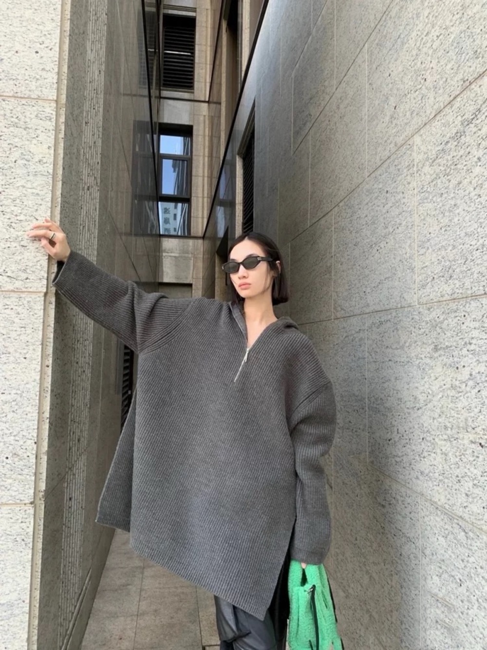 Oversized Gray Half-Zip Knit Sweater